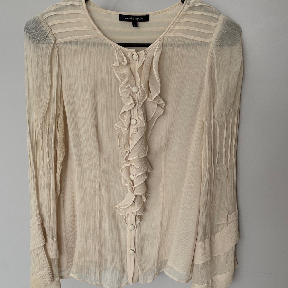 Nanette Lepore Ivory Ruffle Front Long Sleeve Blouse